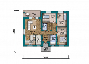 Проект дома с тремя спальнями, окном в ванной комнате и террасой рядом с гостиной / План 1 этажа