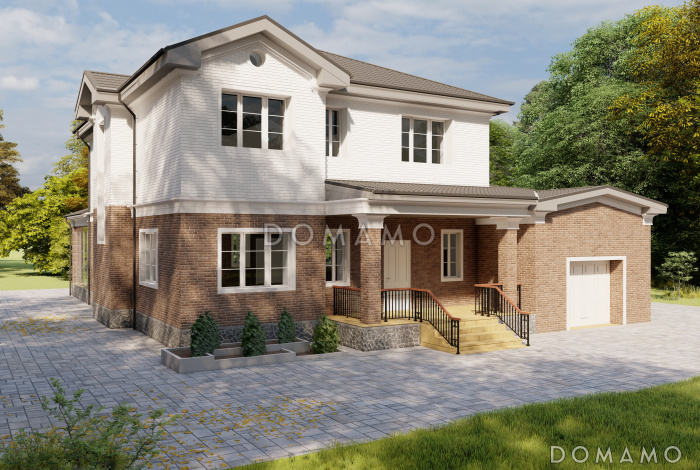 Проект двухэтажного дома с совмещенными гостиной, столовой, холлом и кухней