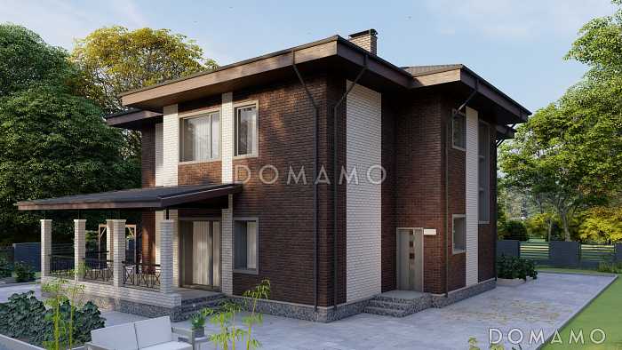 Проект двухэтажного дома с крытой террасой, тремя спальнями и гардеробными