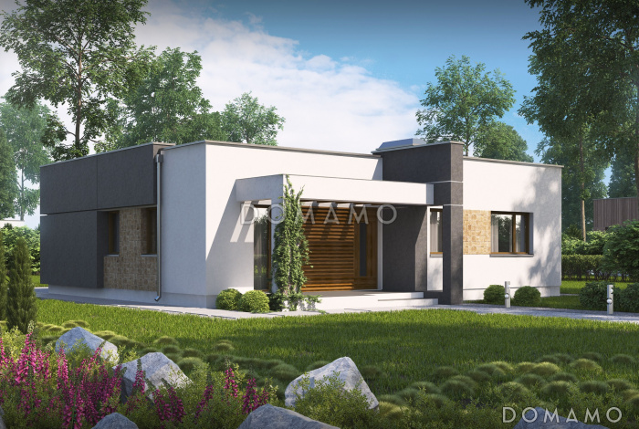 Проект небольшого современного одноэтажного дома из газобетона с двумя спальнями и красивой террасой