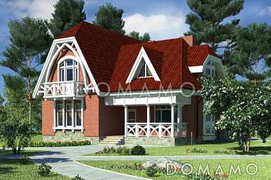 Проект дома одноэтажного дома с мансардным этажом, эркером, балконами в спальне