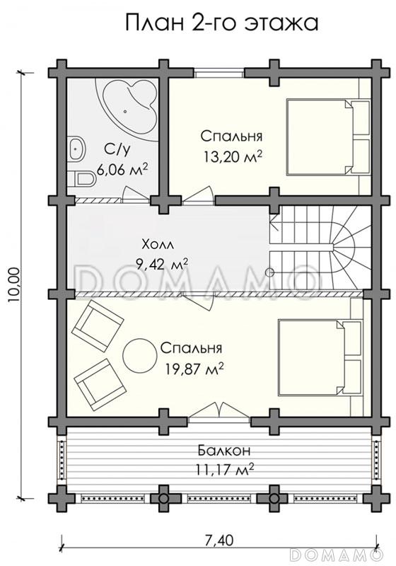 Проект дома из оцилиндрованного бревна с парной, хозяйской спальней с выходом на просторный балкон / План мансардного этажа