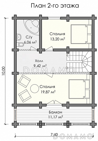 Проект дома из оцилиндрованного бревна с парной, хозяйской спальней с выходом на просторный балкон / План мансардного этажа