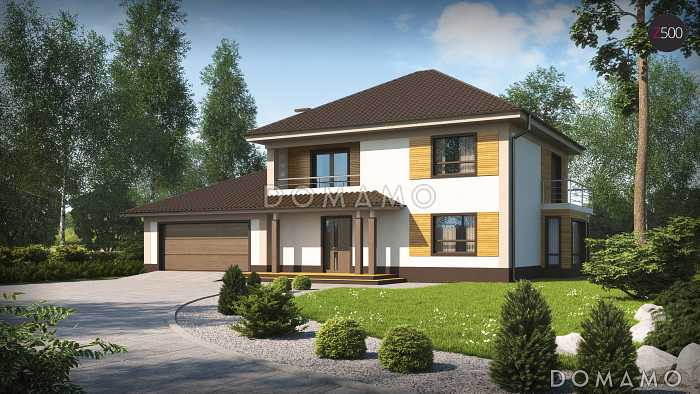 Проект двухэтажного дома из газобетона с эркером и балконом над ним, с тремя спальнями, кабинетом и двухместным гаражом