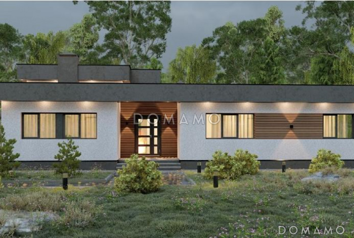 Проект одноэтажного дома с крытой террасой, объединенной кухней-гостиной-столовой, детскими, кабинетом