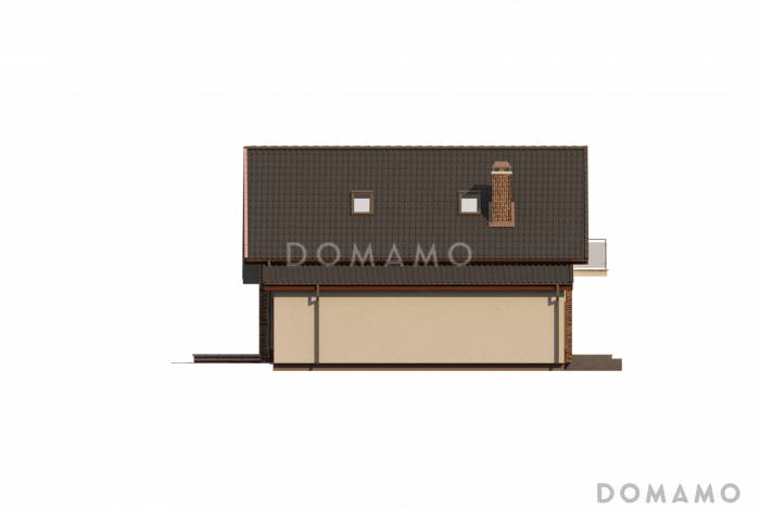 Проект одноэтажного мансардного дома из кирпича с гаражом, эркером и большой площадью остекления в гостиной