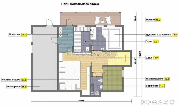 Проект дома из кирпича с цокольным этажом и небольшим бассейном / План цокольного этажа