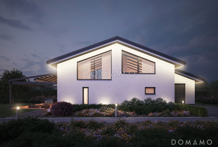 Проект бани с большой кухней-гостиной, террасой и комнатой на антресоли