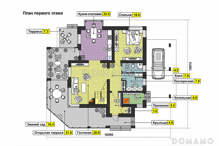 Проект дома с большой открытой террасой, зимним садом, гостиной с камином, кухней с эркером, спальней на первом этаже, вторым светом, балконом / План 1 этажа
