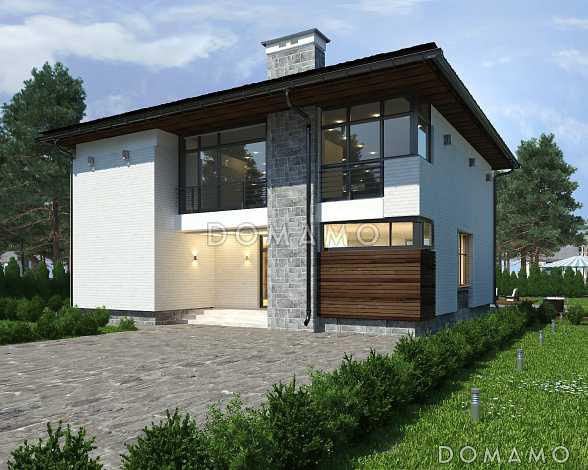 Проект дома с летней кухней на крытой террасе, спальней на первом этаже, просторной столовой-гостиной, хозблоком, французским балконом в кабинете и спальне на втором этаже