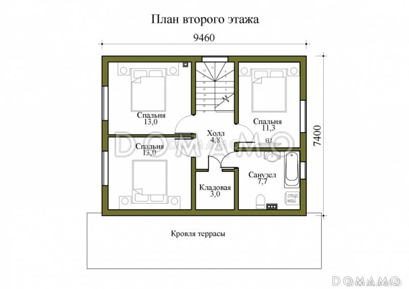 Проект двухэтажного дома с крытой и открытой террасами / План мансардного этажа