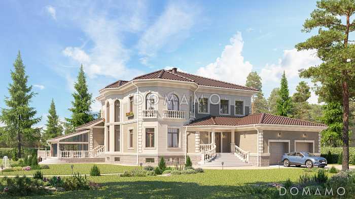 Проект дома со спортзалом, бассейном, бильярдной, просторной обеденной зоной, террасами, гаражом