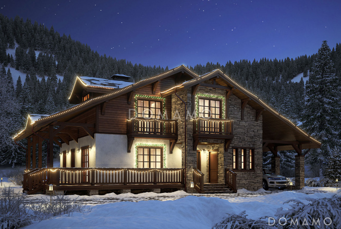 Проект каркасного горного шале с балюстрадой и навесом