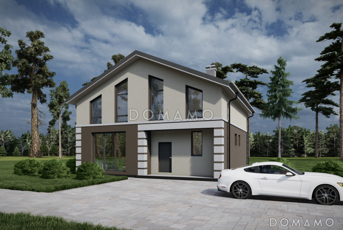 Проект коттеджа с совмещенной кухней-гостиной, спортзалом на мансардном этаже, балконом и окнами в пол