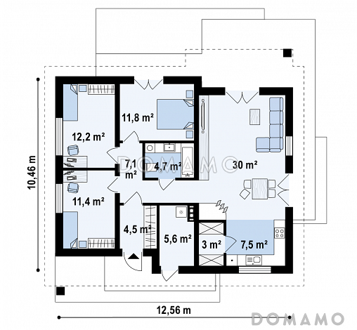 Проект простого уютного одноэтажного дома из кирпича с тремя спальнями и возможностью обустройства мансарды / План 1 этажа