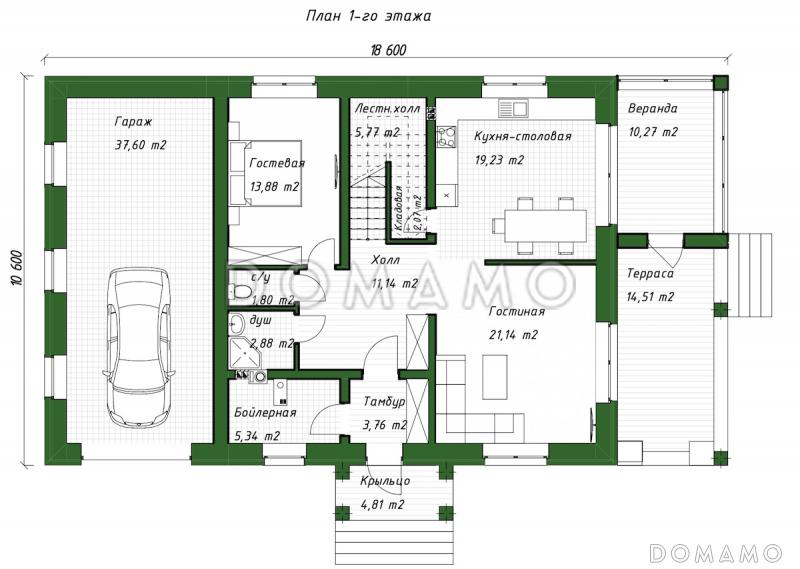 Проект двухэтажного дома из газобетона с пристроенным гаражом и верандой / План 1 этажа