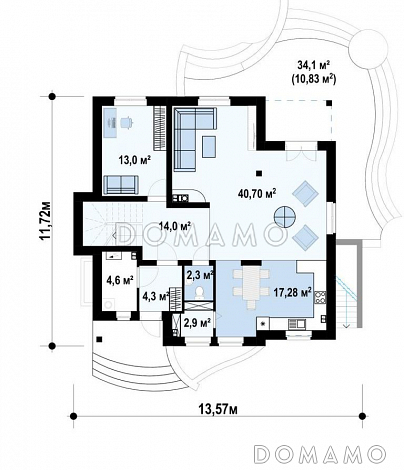Проект загородного дома с подвалом, просторной гостиной и кухней, балконами, кабинетом / План 1 этажа