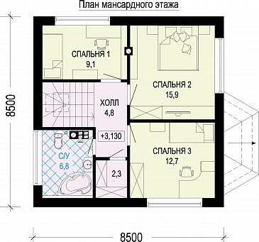 Проект одноэтажного дома из газобетона с мансардой, эркером, треугольными окнами и шатровой ломанной крышей / План мансардного этажа