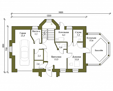 Проект коттеджа с бассейном и гаражом / План 1 этажа