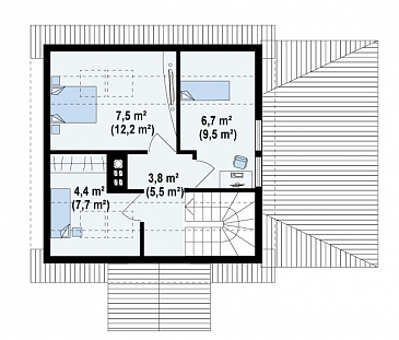 Проект компактного мансардного дома из газобетона с тремя спальнями и крытой террасой / План мансардного этажа