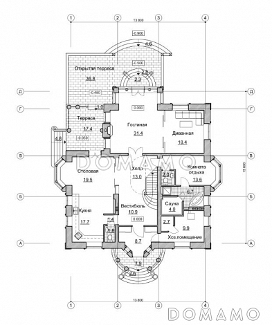 Проект изящного и просторного коттеджа / План 1 этажа