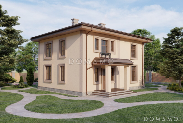 Проект двухэтажного дома с камином в гостиной и тремя спальнями