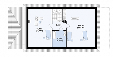 Проект просторного мансардного дома из газобетона со спальней на первом этаже и с двумя на втором / План мансардного этажа
