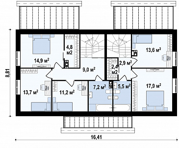 Проект комфортного мансардного дома из газобетона для двух семей / План мансардного этажа