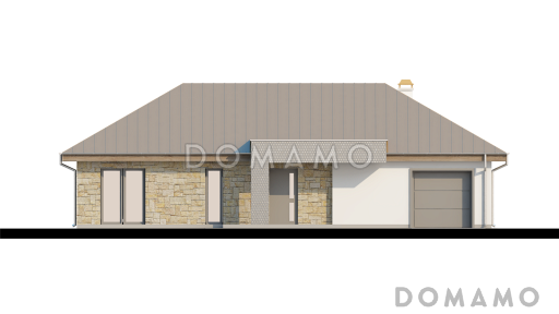 Проект одноэтажного дома из газобетона с прямоугольным эркером в современном архитектурном исполнении и со встроенным гаражом / Фасад 1