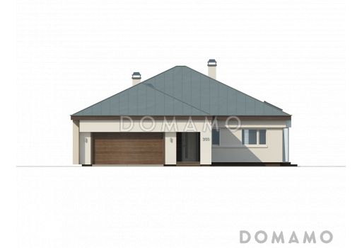 Проект одноэтажного дома из кирпича со стеклянным эркером в просторной гостиной и гаражом на два автомобиля с кирпичной облицовкой / Фасад 4