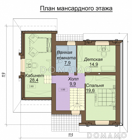 Проект одноэтажного дома с мансардным этажом и встроенным гаражом / План мансардного этажа