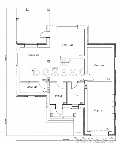 Проект красивого двухэтажного дома из СИП панелей c большим гаражом и террасой / План 1 этажа