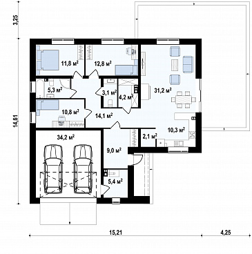 Проект углового одноэтажного дома из кирпича с облицовкой классических фасадов деревянной вагонкой и с гаражом на два автомобиля / План 1 этажа