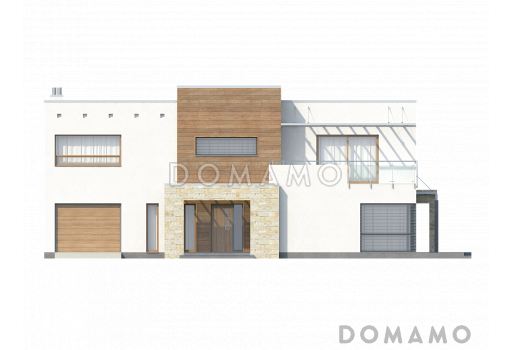 Проект современного двухэтажного дома в стиле хай-тек из газобетона с плоской крышей, гаражом и балконом / Фасад 2