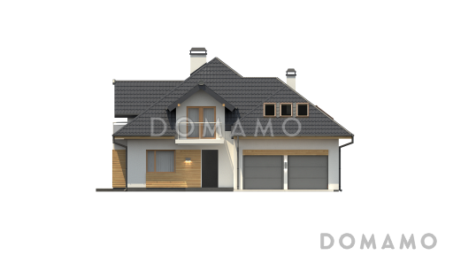 Проект классического одноэтажного мансардного дома из газобетона с дополнительными спальнями на первом этаже и мансардном, с тремя балконами и гаражом на два автомобиля / Фасад 1