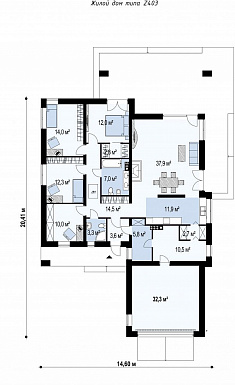Проект комфортного одноэтажного дома из кирпича с тремя спальнями, кабинетом и гаражом / План 1 этажа