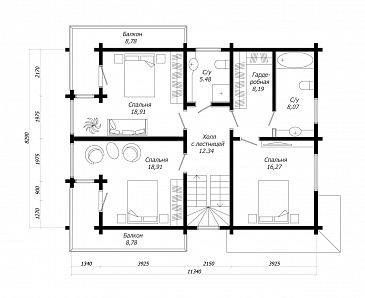 Проект дома из клееного бруса с тремя спальнями на втором этаже / План 2 этажа