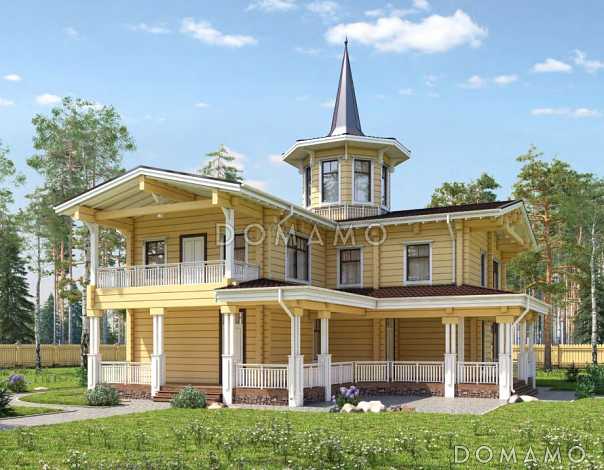 Проект дома из клееного бруса с тремя спальнями с французскими балконами, бильярдной и кладовой