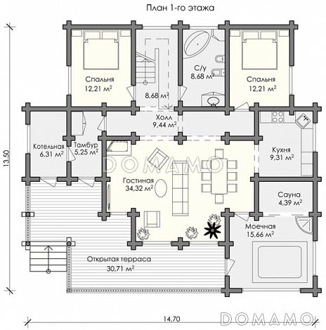 Проект большого дома из строганного бревна / План 1 этажа