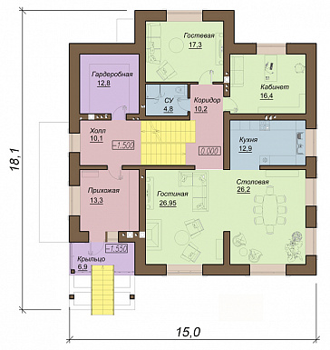 Проект двухэтажного коттеджа с цокольным этажом, гаражом и парной / План 1 этажа