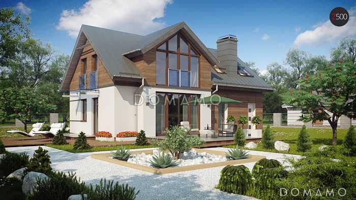 Проект одноэтажного мансардного дома из кирпича с гаражом и большим фронтонным окном