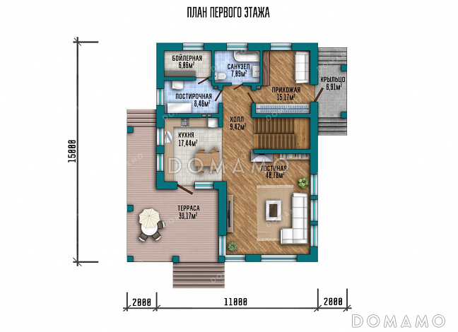Проект одноэтажного дома с просторной террасой и двумя балконами / План 1 этажа