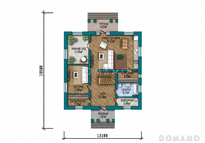 Проект дома с зимним садом, гардеробными и тремя спальнями / План 1 этажа