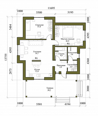 Проект одноэтажного дома из керамоблока с мастер-спальней и крытой террасой / План 1 этажа