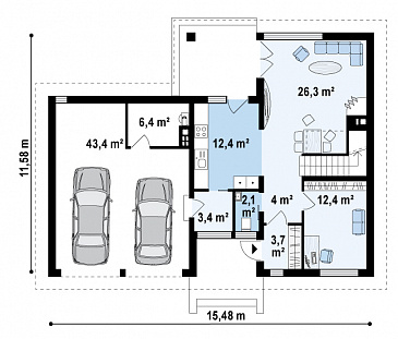 Проект современного двухэтажного дома из газобетона с четырьмя спальнями, кабинетом и пристроенным гаражом на два автомобиля / План 1 этажа