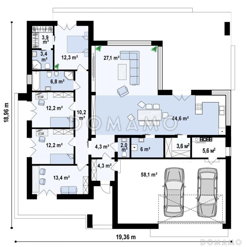 Проект кирпичного дома с мастер-спальней, террасой и гаражом / План 1 этажа