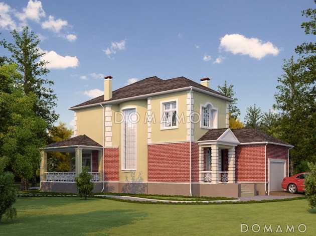 Проект двухэтажного дома с угловой террасой с выходом из гостиной