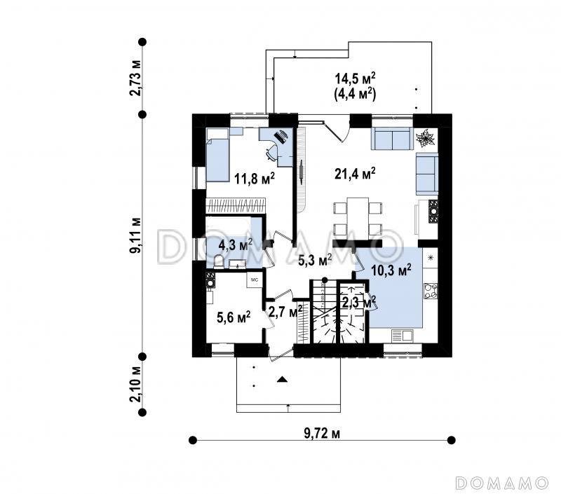 Проект современного загородного дома с террасой, кухней с кладовой, тремя спальнями с балконами на мансарде / План 1 этажа