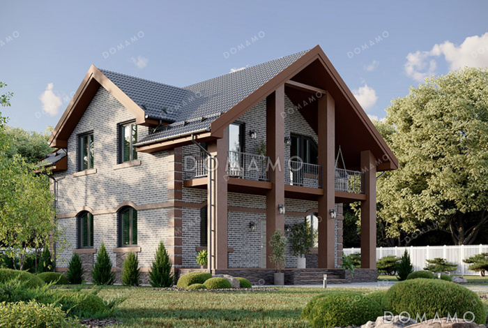 Проект компактного дома с мансардой, 4 спальнями и большим балконом