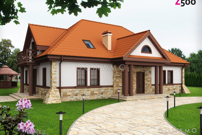 Проект комфортного одноэтажного мансардного дома из кирпича для двух семей в стиле русской усадьбы